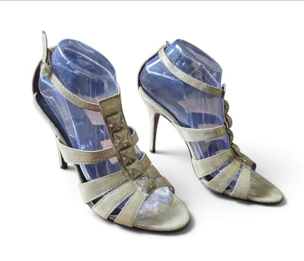 Fendi Pyramid Stud Gold Leather T-Strap Stiletto High Heel Sandals Italy Size 39
